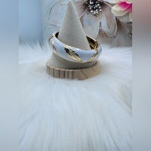 White with Gold Feathers Design Thick Enamel Bangle Bracelet